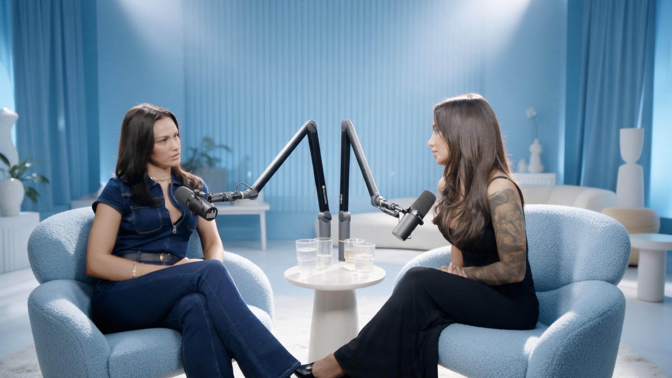 Two creators talking in a podcast studio
