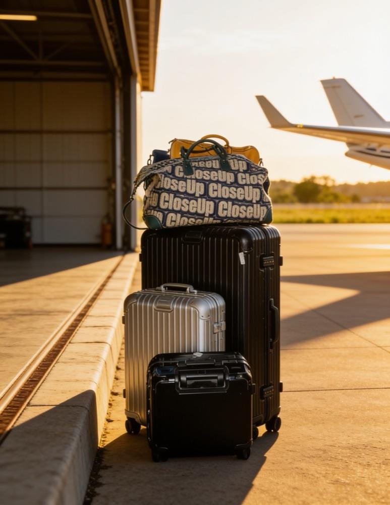 Instagram post by CloseUp: suitcase and CloseUp bag in front of a private jet